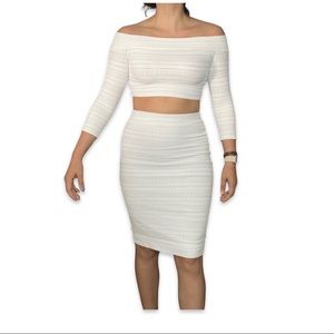 NWOT BCBG off-shoulder crop top with high-wasted pencil skirt